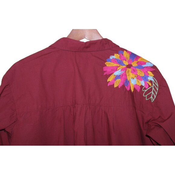 ANTHROPOLOGIE Maeve Embroidered Button-Up Cotton Shirt Wine, Size 6 - Picture 8 of 9